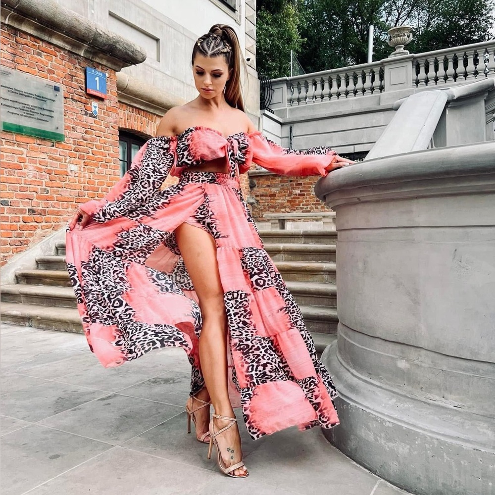 Pink and Leopard Print Off-Shoulder Maxi Dress